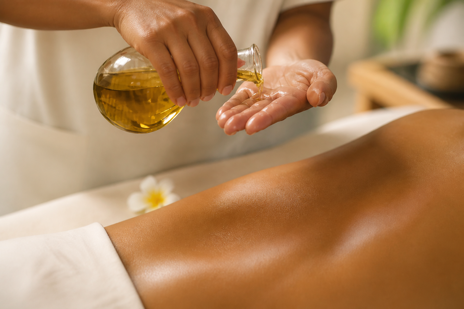 Therapist pouring aromatic oil into one palm above a guest's back with no faces visible