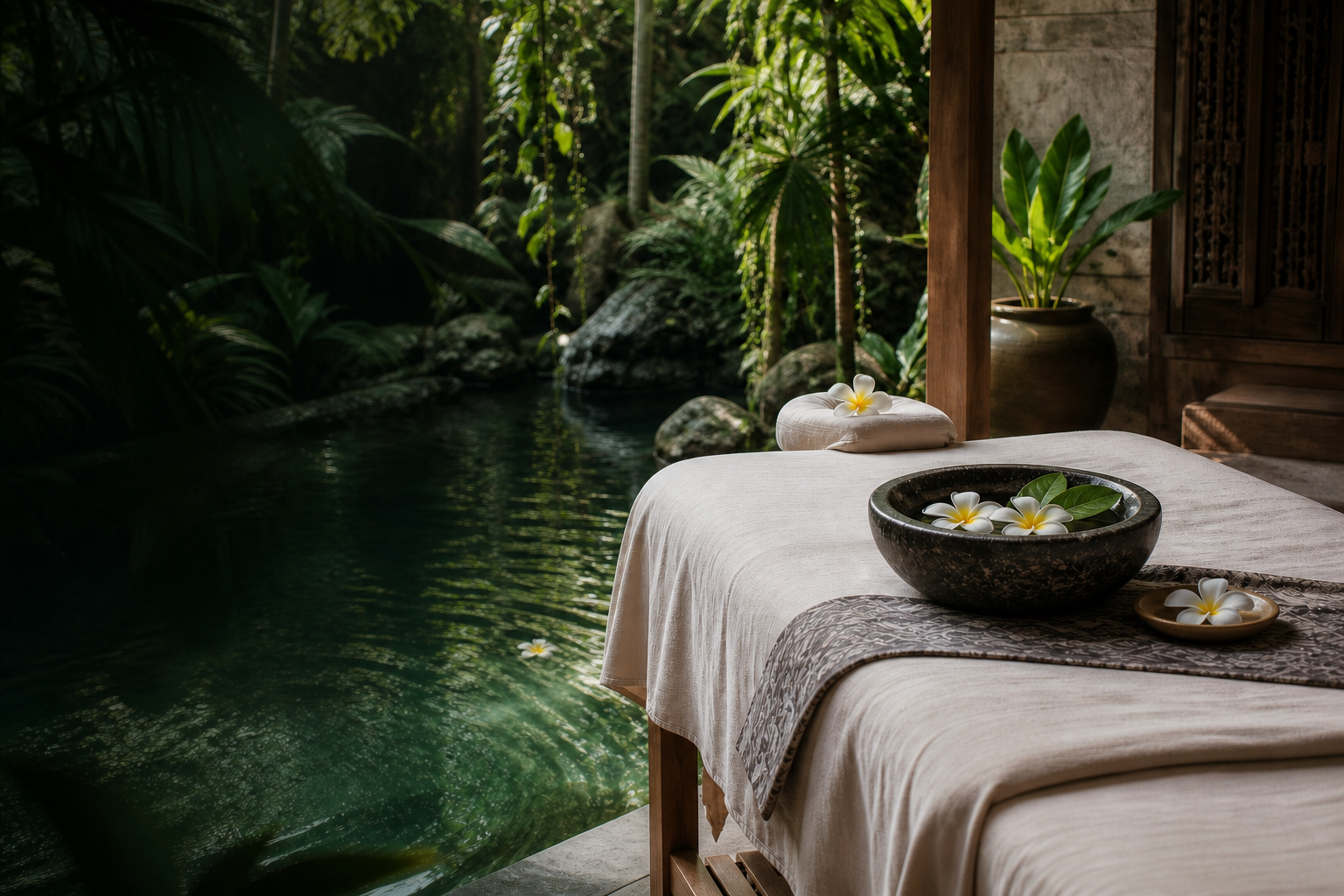 Massage table decorated with Balinese frangipani beside calm emerald water and tropical leaves