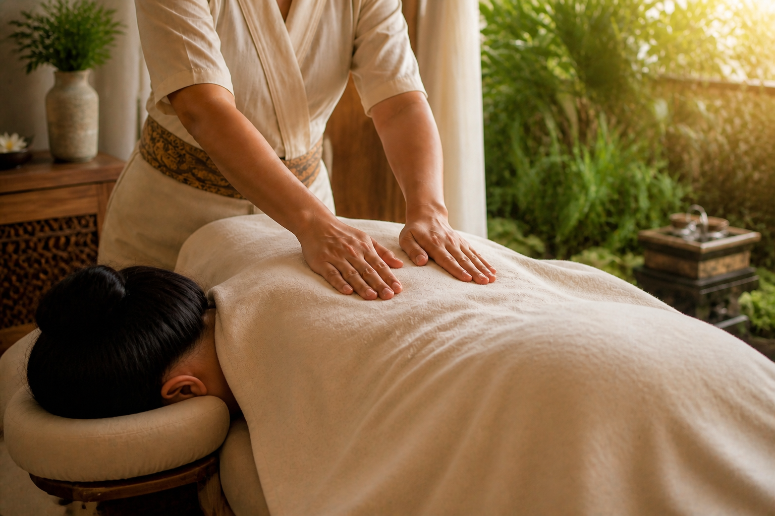 Therapist hands performing a traditional Balinese massage while the client rests face-down