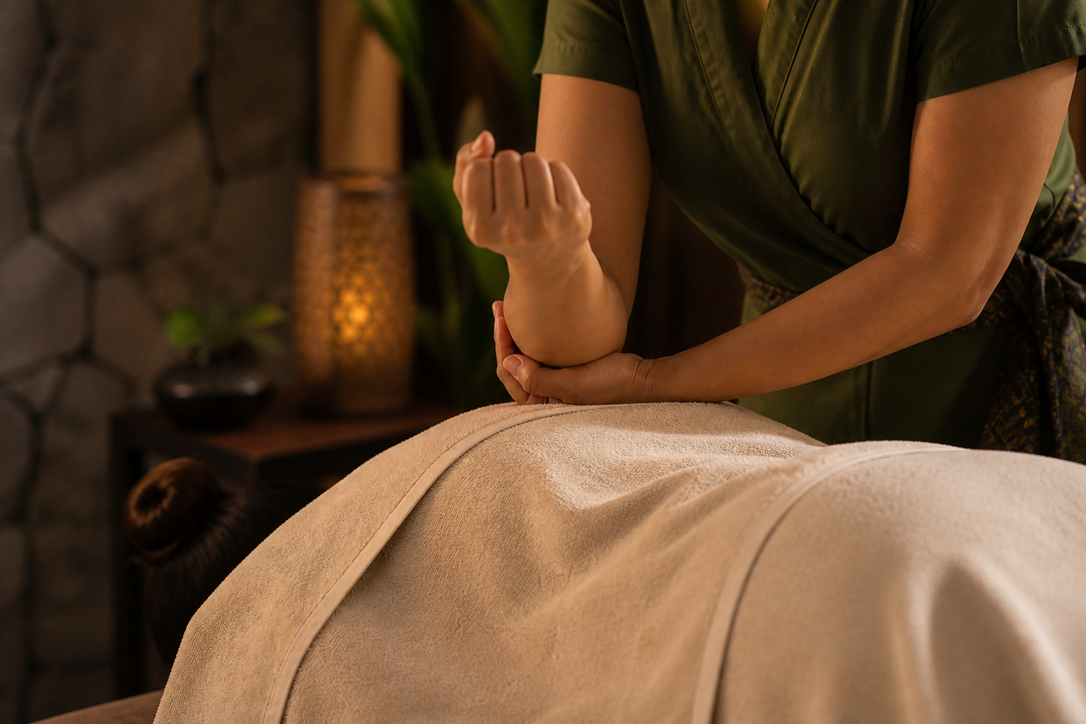 Therapist using controlled forearm pressure for deep tissue massage