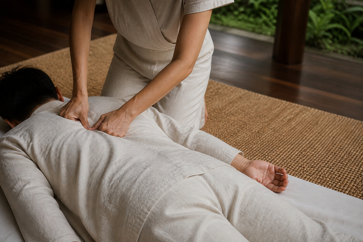 Therapist hands applying Shiatsu pressure to a fully clothed guest